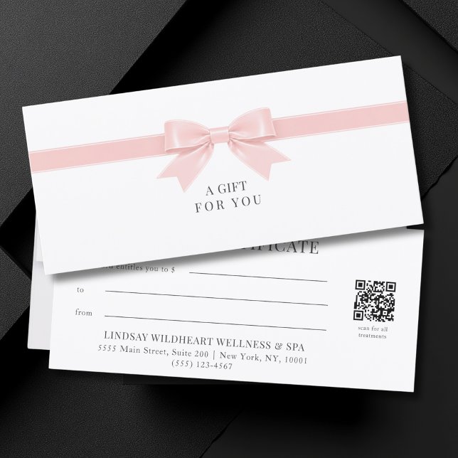 Elegantes weißes Schleifen-QR-Code-Geschenkgutsche (Elegant White Light Pink Bow QR Code Gift Certificate)