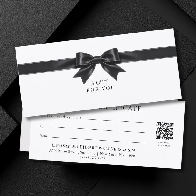 Elegantes weißes Schleifen-QR-Code-Geschenkgutsche (Elegant White Black  Bow QR Code Gift Certificate)
