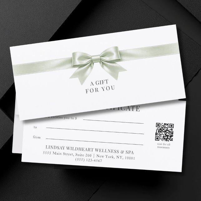 Elegantes weißes Schleifen-QR-Code-Geschenkgutsche (Elegant White Light Green Bow QR Code Gift Certificate)