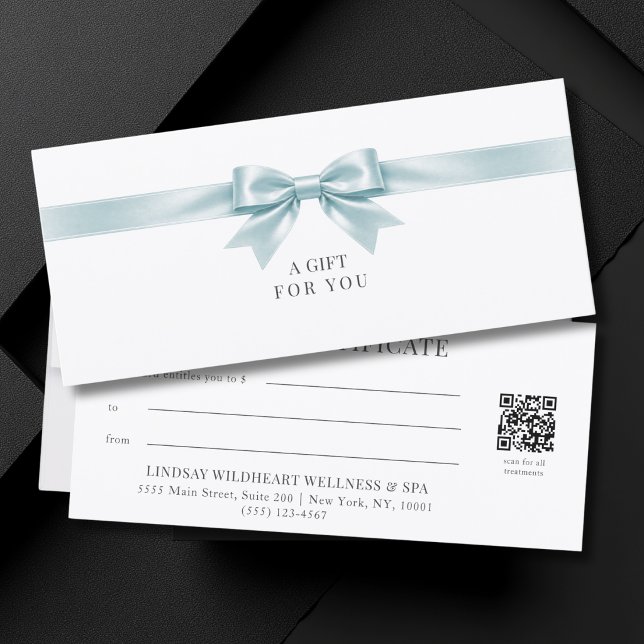Elegantes weißes Schleifen-QR-Code-Geschenkgutsche (Elegant White Blue Bow QR Code Gift Certificate)
