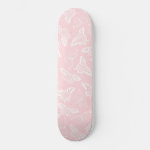 Elegantes weißes Schmetterlingsmuster Rosa Design Skateboard