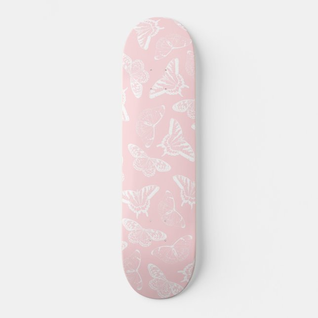 Elegantes weißes Schmetterlingsmuster Rosa Design Skateboard (Vorderseite)