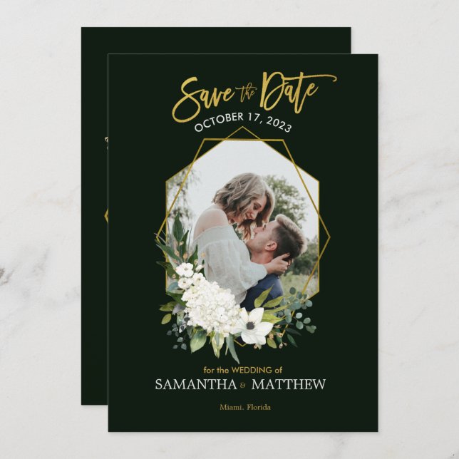 Elegantes weißes, schwarzes geometrisches Foto Save The Date (Vorne/Hinten)