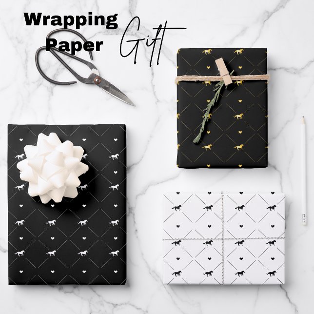 Elegantes Weißes Schwarzes Gold Geschenkpapier Set (Elegant White Black Gold Horses Wrapping Paper Sheets)