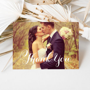 Elegantes weißes Skript Hochzeitsfoto Danke