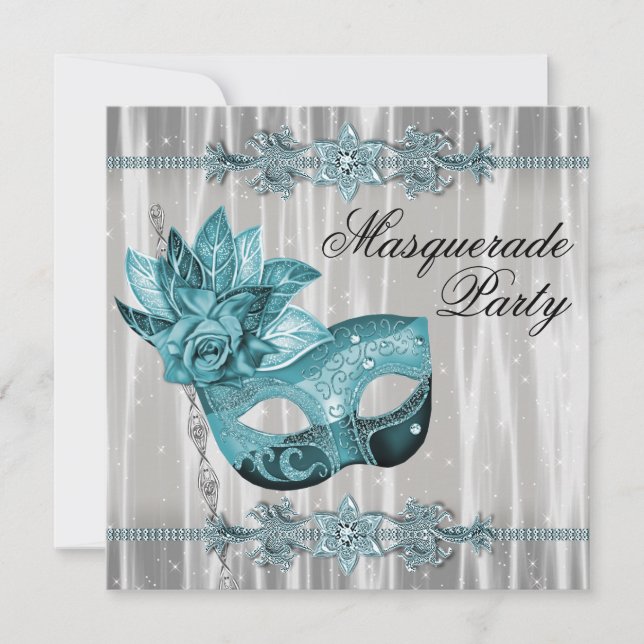 Elegantes weißes und Aquamarines Blue Masquerade P Einladung (Vorderseite)