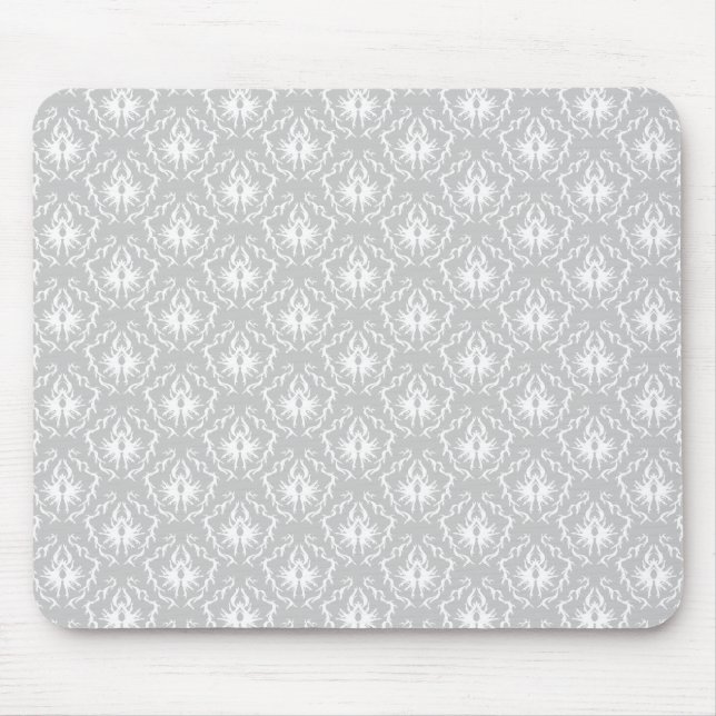 Elegantes weißes und graues Muster. Damast Mousepad (Vorne)