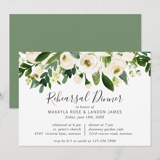 Elegantes Weißes Wasserfarben Probe Abendessen Einladung (Vorne/Hinten)