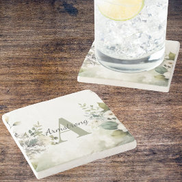 Elegantes Weißes Wildblumen & Grünes Monogramm Steinuntersetzer