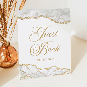 Elegantes Weißgold-Achat-Gästebuch-Schild Sockelschild