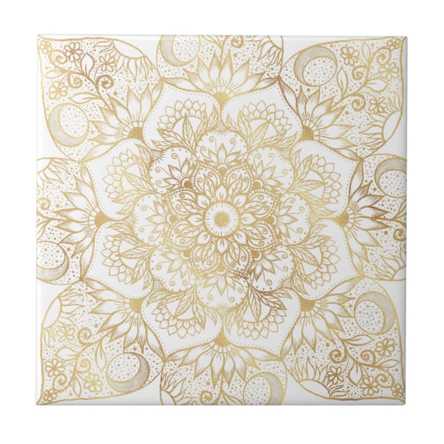 Elegantes Weißgold-Mandala-Blumenmuster  Fliese (Vorderseite)