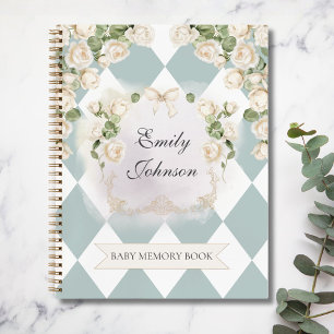 Elegantes Weißgrün-Rosen-Baby-Mädchen-Erinnerungsb Notizbuch