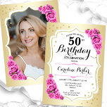 Elegantes Weißrosa Foto 50. Geburtstag Einladung<br><div class="desc">Elegante florale feminine 50. Geburtstagseinladung mit Ihrem Foto auf der Kartenrückseite. Glam-Design mit Imitat Gold. Enthält rosa Rosen,  Skript-Schriftart und Konfetti. Ideal für ein stilvolles Party für Erwachsene. Personalisieren Sie Ihre persönlichen Daten. Kann für jedes Alter angepasst werden! Gedruckte Zazzle Einladungen oder Sofortdownload digitalen druckbaren Vorlage.</div>