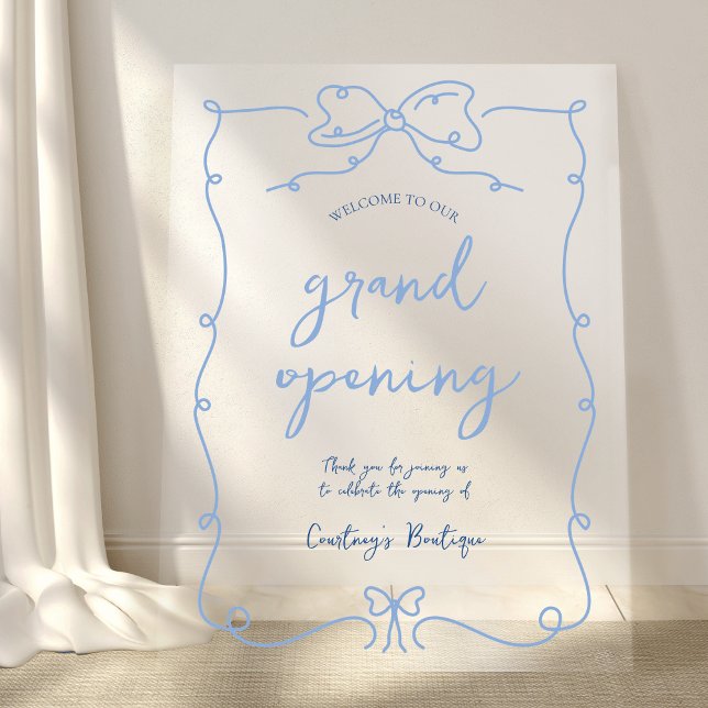 Elegantes Whimsical Blue Bows Transparentes Ereign Acrylschild (Elegant hand-drawn business acrylic welcome sign with handwritten style fonts on a transparent sign)