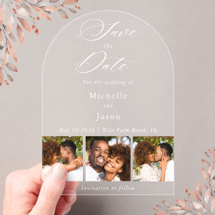 Elegantes White 3 Foto Strip Wedding Save the Date Acryleinladungen