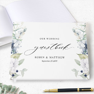 Elegantes White and Blue Floral Wedding Gästebuch