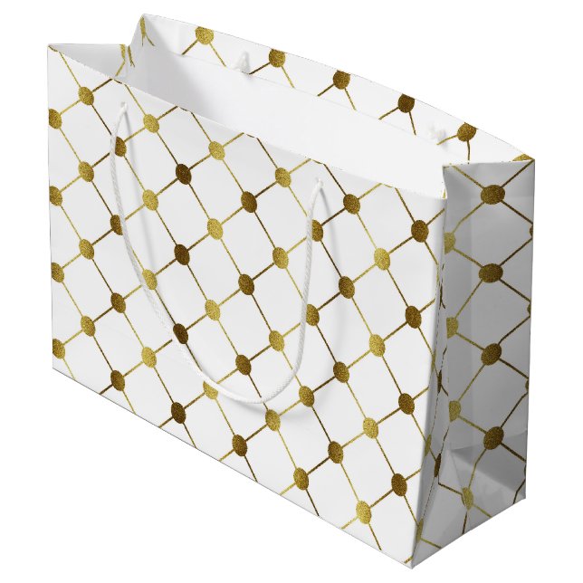Elegantes White and Gold Dot Grid Große Geschenktüte (Rückseite Schrägansicht)