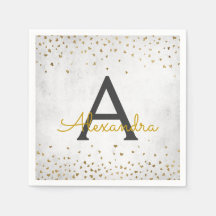 Elegantes White and Gold Foil Confetti Monogramm