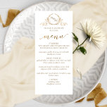 Elegantes White and Gold Monogram Wedding Menu Menükarte<br><div class="desc">Elegante Hochzeitskarte mit feinem handgezapftes Monogramm mit Paarinitialen. Möglichkeit, Ihren eigenen Namen, Datum, Menübeschreibung auf der Vorderseite und Monogramm-Initialen hinzuzufügen. Handgeschriebene Kalligrafiedetails in Imitaten goldene Folie. Design in weißem Hintergrund und goldfarbenem Monogramm und Text. Zurück in Weiß. Möglichkeit, die Hintergrundfarbe von vorne und/oder hinten zu ändern, indem Sie "Weiter anpassen"...</div>