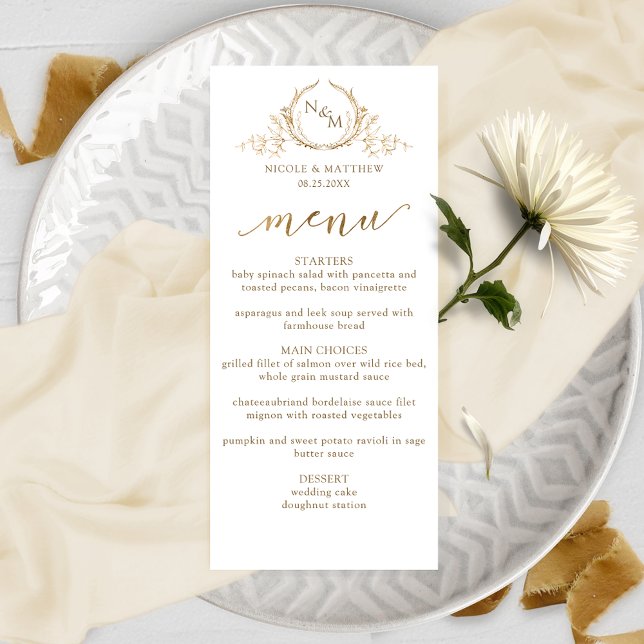 Elegantes White and Gold Monogram Wedding Menu Menükarte (Von Creator hochgeladen)