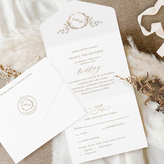 Elegantes White and Gold Monogram Wedding mit UAWG All In One Einladung (Von Creator hochgeladen)