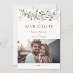 Elegantes White and Gold Rose Vintage Wedding Foto Save The Date