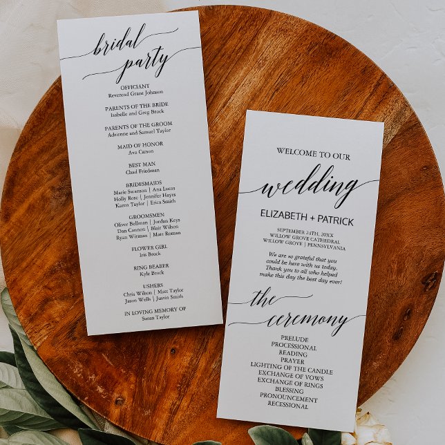 Elegantes White & Black Calligraphy Wedding Progra Programm (Von Creator hochgeladen)