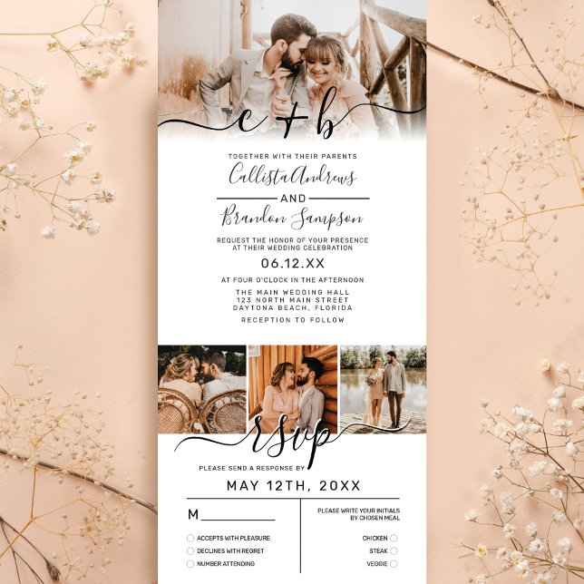 Elegantes White Black Foto Monogram Wedding RSVP Dreifach Gefaltete Einladung (Von Creator hochgeladen)