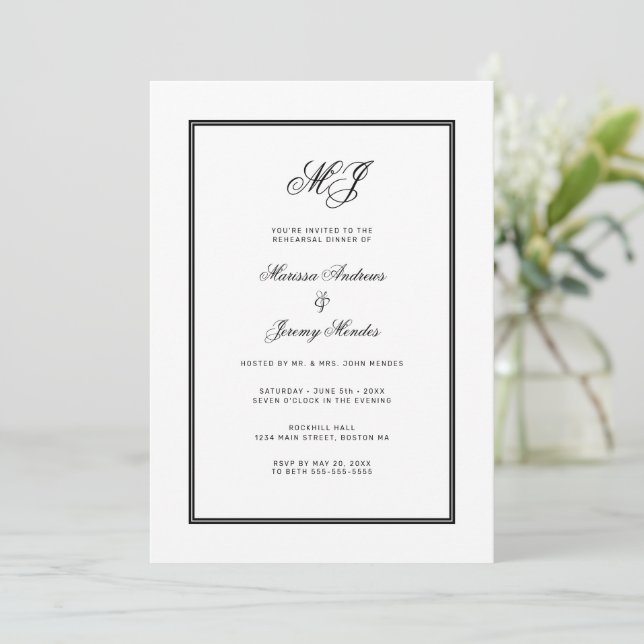 Elegantes White Black Monogram Probe Dinner Einladung (Stehend Vorderseite)