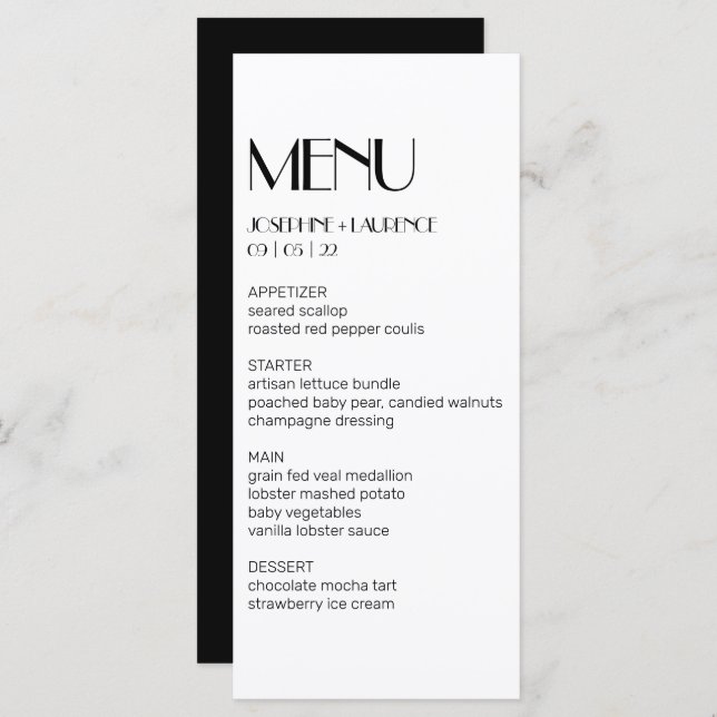 Elegantes White Black Monogram Wedding Menu Menükarte (Vorne/Hinten)