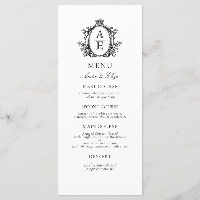 Elegantes White Black Wappen Monogram Wedding Menu Menükarte (Vorderseite)