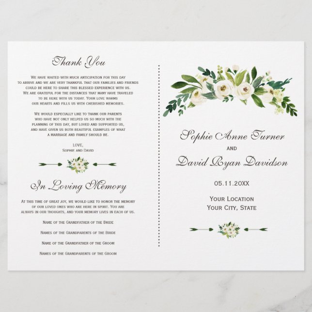 Elegantes White Blooming Floral Wedding Programm (Vorderseite)