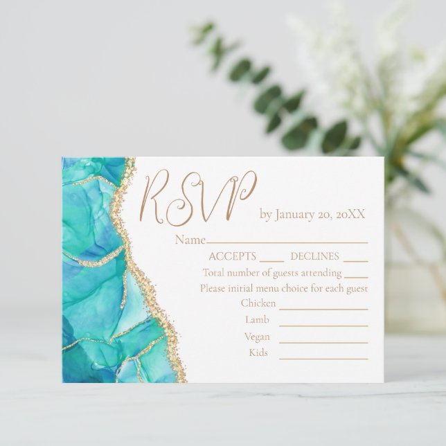 Elegantes White Blue Gold Glitzer Hochzeitsmenü UA RSVP Karte (Stehend Vorderseite)
