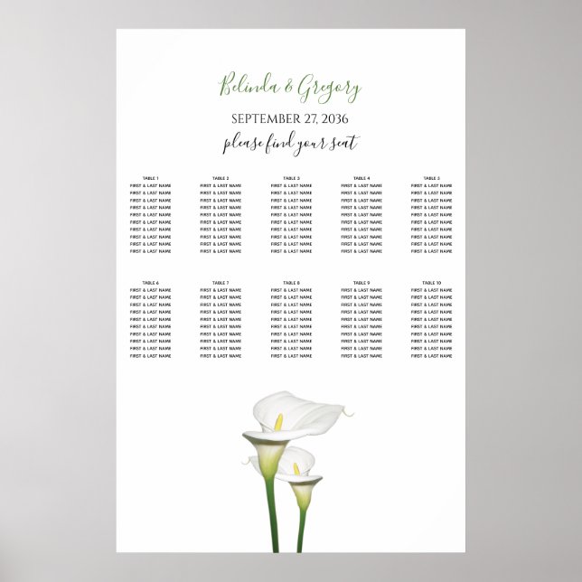 Elegantes White Calla Lilies Hochzeitsdiagramm Poster (Vorne)