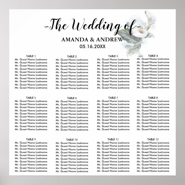 Elegantes White Calla Lily Wedding Seating Chart Poster (Vorne)
