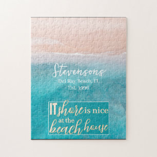Elegantes White Calligraphy Family Name Beach Hous Puzzle