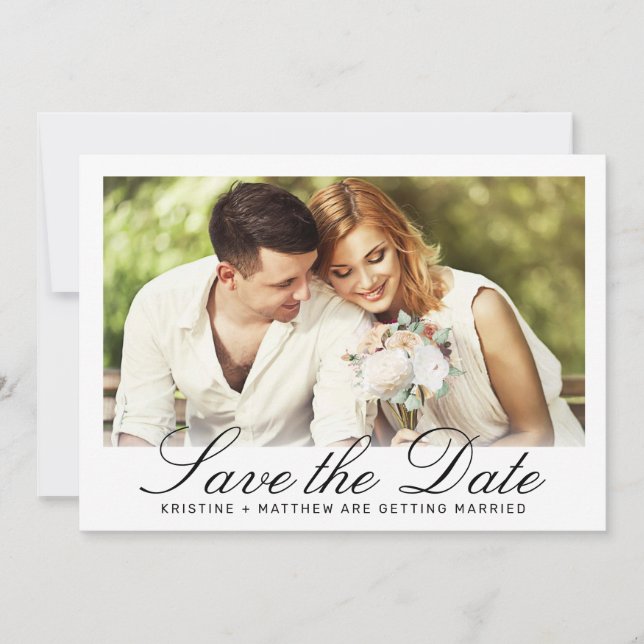 Elegantes White Calligraphy Foto Hochzeit Save The Date (Vorderseite)