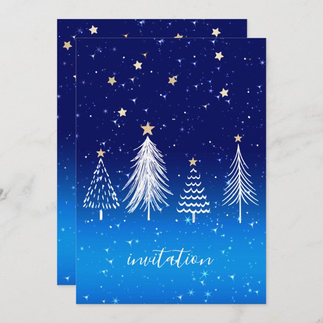 Elegantes White Christmas Tree Gold Stars Abendess Einladung (Vorne/Hinten)