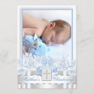 Elegantes White Cross Baby Blue Foto Christening Einladung
