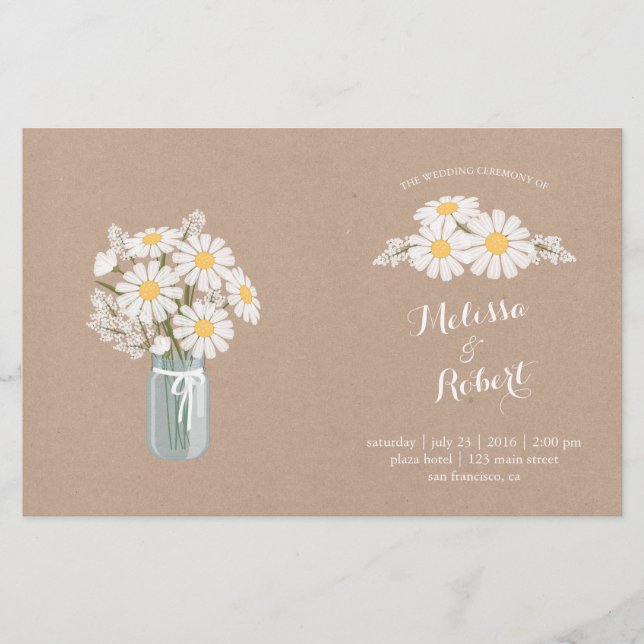 Elegantes White Daisies Mason Jar Wedding Programm (Vorderseite)