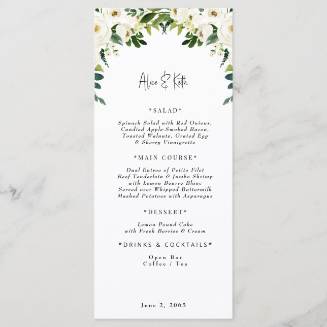 Elegantes White Floral Wedding Menu Menükarte (Vorderseite)
