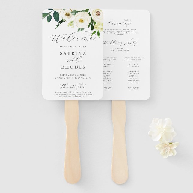 Elegantes White Floral Wedding Program Hand Fan Fächer (Vorne und Hinten)
