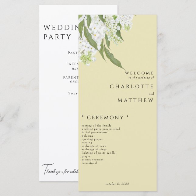 Elegantes White Floral Yellow Wedding Program Menükarte (Vorne/Hinten)