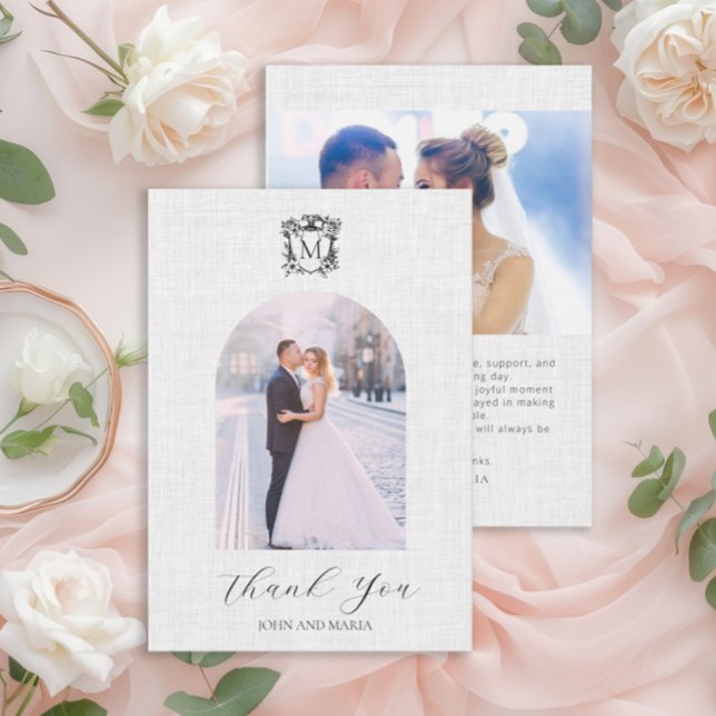 Elegantes White Foto Arch Wappen Hochzeit Vielen D Dankeskarte (Elegant arch photo wedding thank you card with crest)
