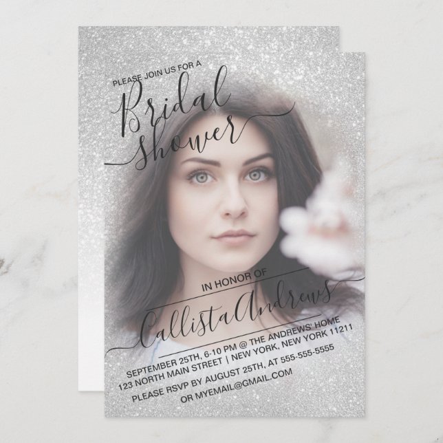 Elegantes White Funkelnd Glitzer Foto Brautparty Einladung (Vorne/Hinten)