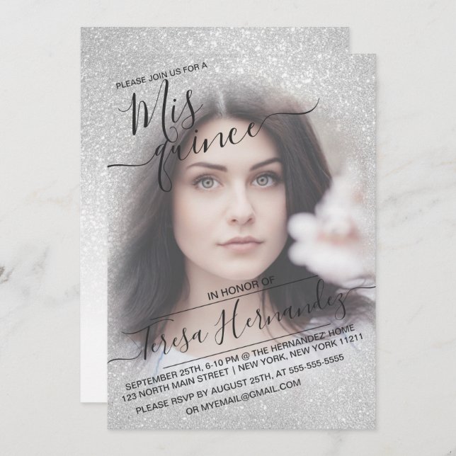 Elegantes White Funkelnd Glitzer Foto Quinceañera Einladung (Vorne/Hinten)