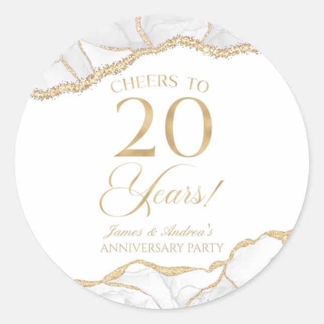 Elegantes White Gold Agate 20-jähriges Party Runder Aufkleber (Vorderseite)