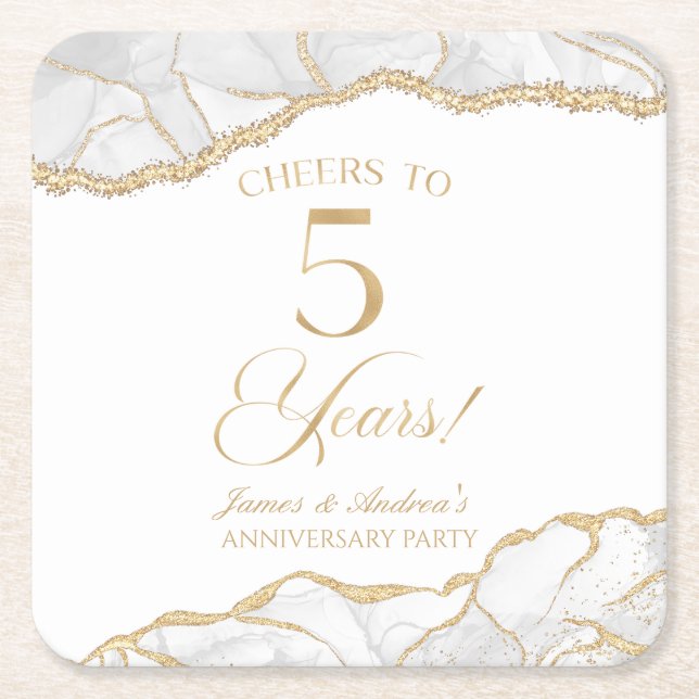 Elegantes White Gold Agate 5-jähriges Party Rechteckiger Pappuntersetzer (Vorderseite)