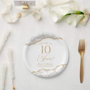 Elegantes White Gold Agate Party zum 10. Jubiläum Pappteller