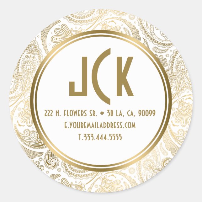 Elegantes White & Gold Floral Lace Paisley Muster Runder Aufkleber (Vorderseite)